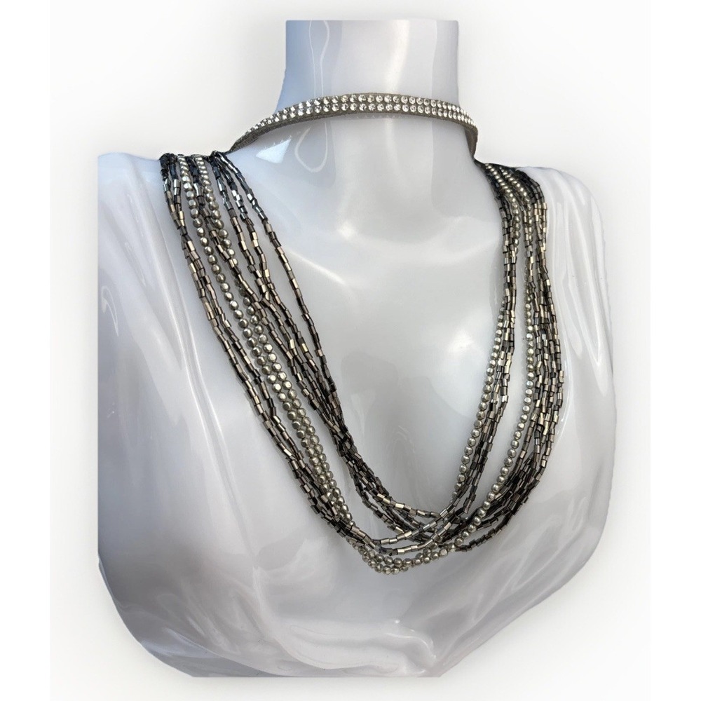 Silver Tone Beaded Layered Necklace + Faux Tennis Choker Fairy Goth Witchy‎